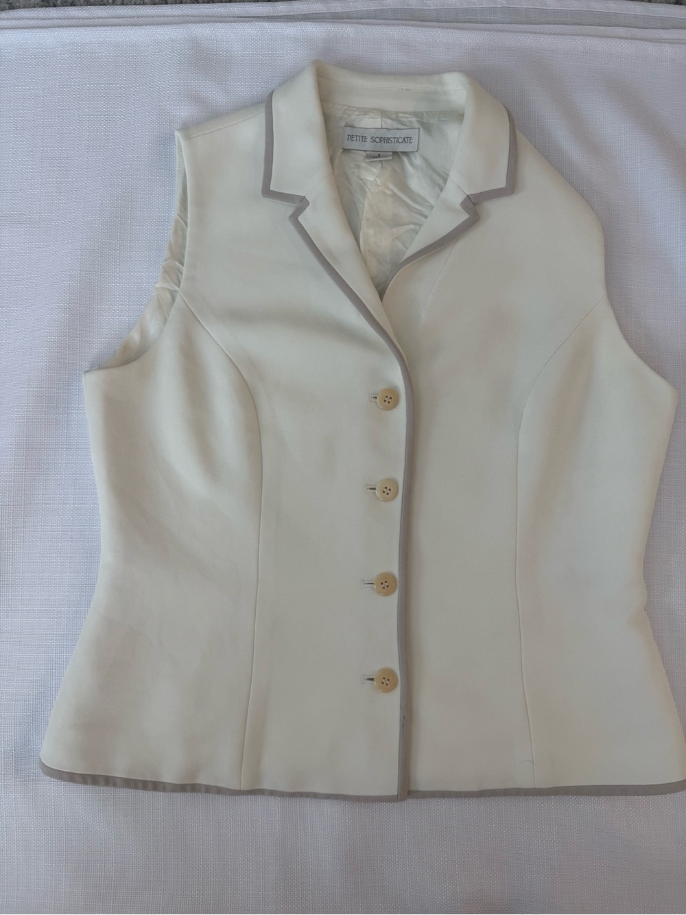 Petite Sophisticate Cream Sleeveless Blazer Vest with Taupe Trim
